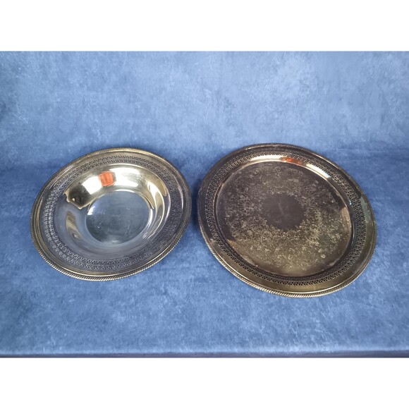 WM Rogers Silverplate Large Serving Bowl And Serving Tray Set Perforated Edges - Picture 6 of 10